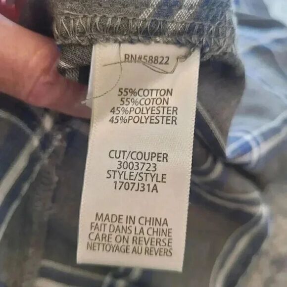 Max Studio Women's Khaki Cotton/Poly Plaid Button Down Roll Tab Sleeves Top NEW - Picture 8 of 8